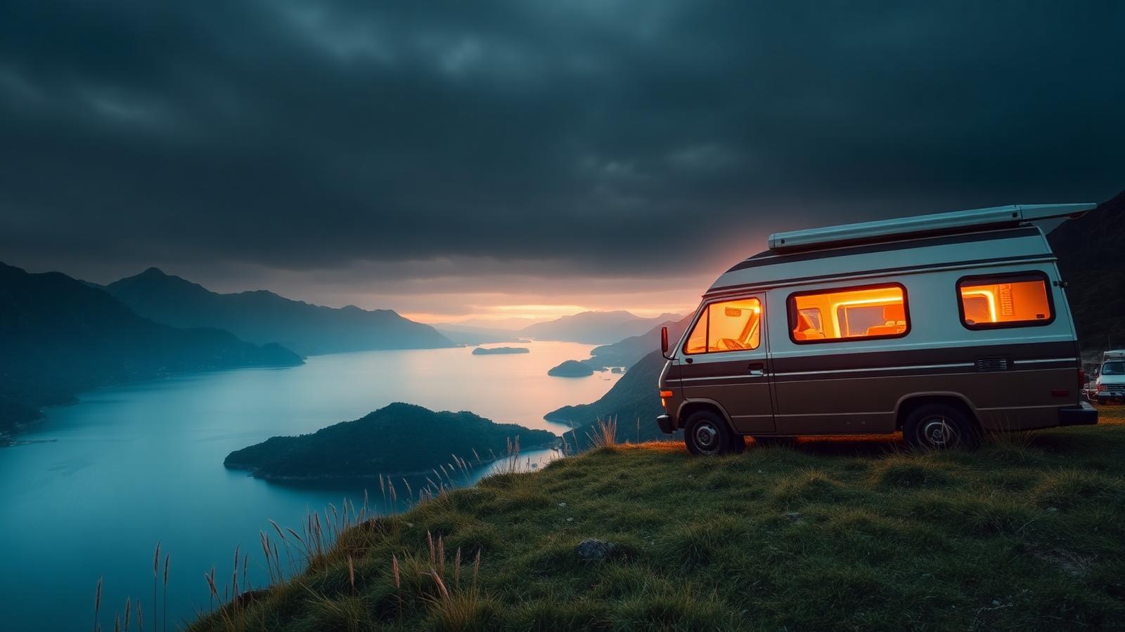 Camper bij zonsondergang met uitzicht op een meer